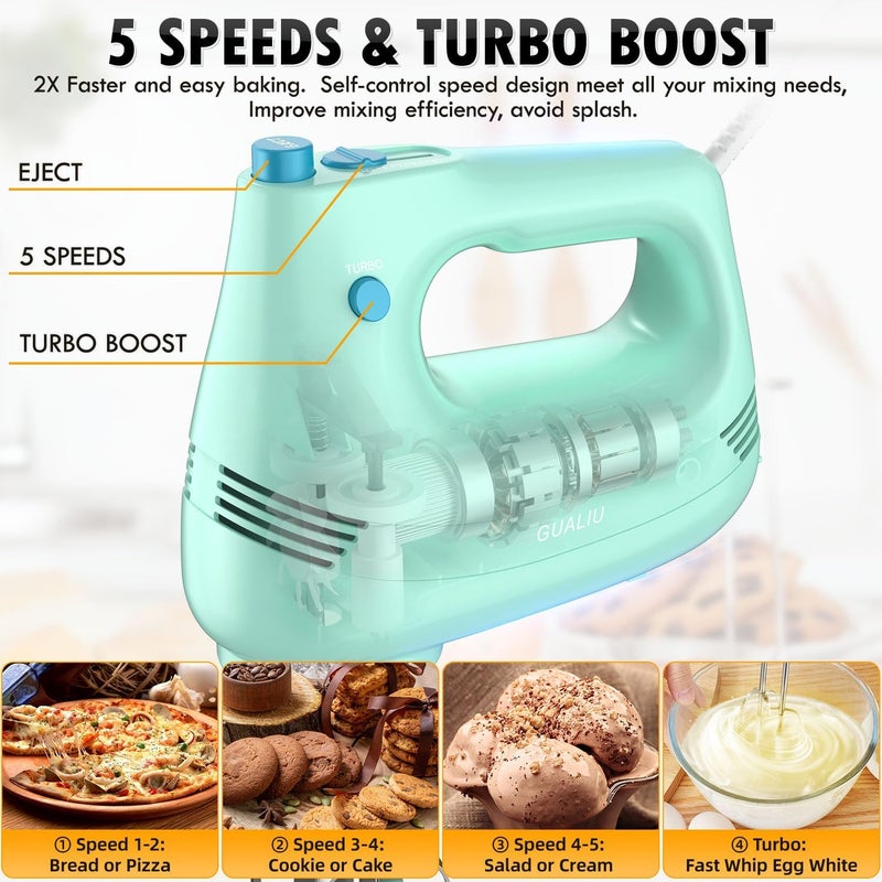 GUALIU Electric Hand Mixer with Stainless Steel Whisk, Dough Hook Attachment and Storage Bag, Handheld Mixer for Baking Cakes, Eggs, Cream Food Mixers. Turbo Boost /5 Speed Kitchen Blender GREEN - Image 4
